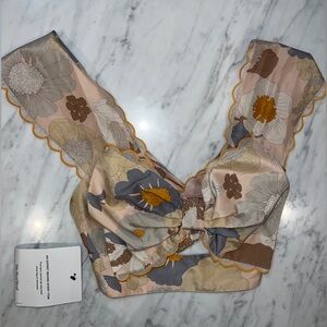 Alice McCall Floral Scallop-Edge Crop Top in Blush, Mustard, Gray